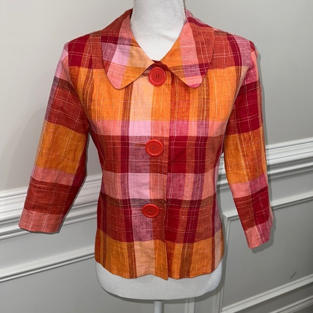 Silkland Linen Plaid Button Up Peter Pan Collar Lightweight Jacket Blazer sz M